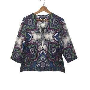 Talbots Women's Blue Purple White Paisley Tunic Top 100% Silk size 10P Petites